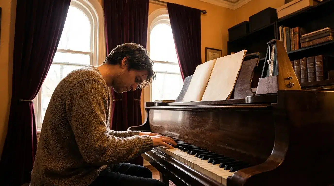 Homme en pull beige jouant du piano noir dans une bibliothèque ensoleillée