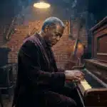 Homme âgé jouant du piano dans un studio jazz atmosphérique