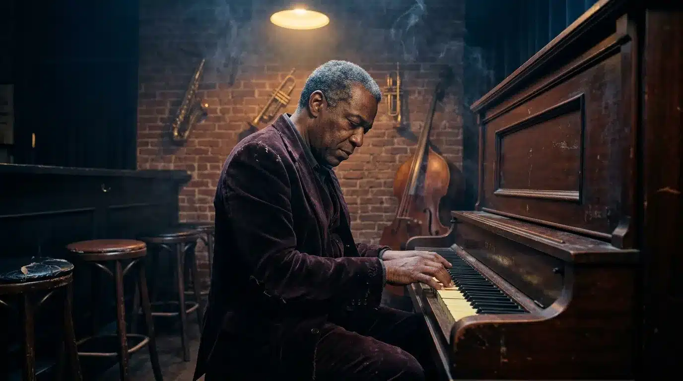 Homme âgé jouant du piano dans un studio jazz atmosphérique