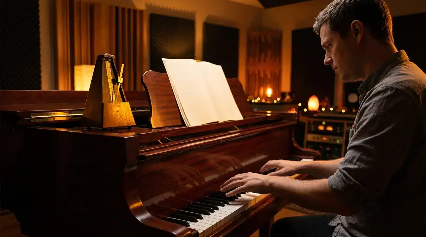 Homme jouant du piano dans un studio d'enregistrement éclairé
