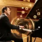 Homme en costume noir jouant piano à queue noir avec effets lumineux dorés