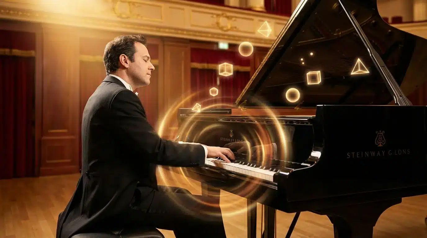 Homme en costume noir jouant piano à queue noir avec effets lumineux dorés