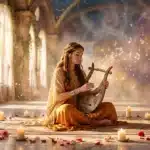 Femme jouant de la lyre dans un temple antique illuminé