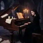 Femme jouant du piano à queue dans une église sombre aux chandelles