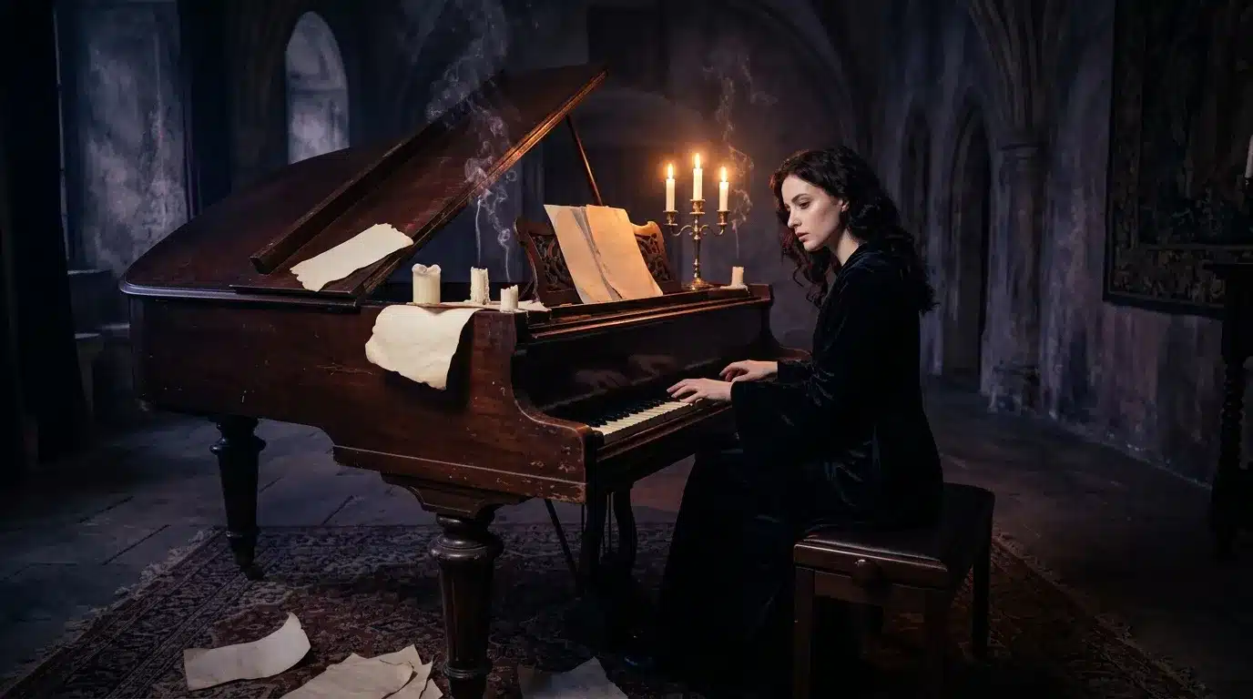 Femme jouant du piano à queue dans une église sombre aux chandelles