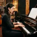 Femme jouant du piano dans un studio musical professionnel