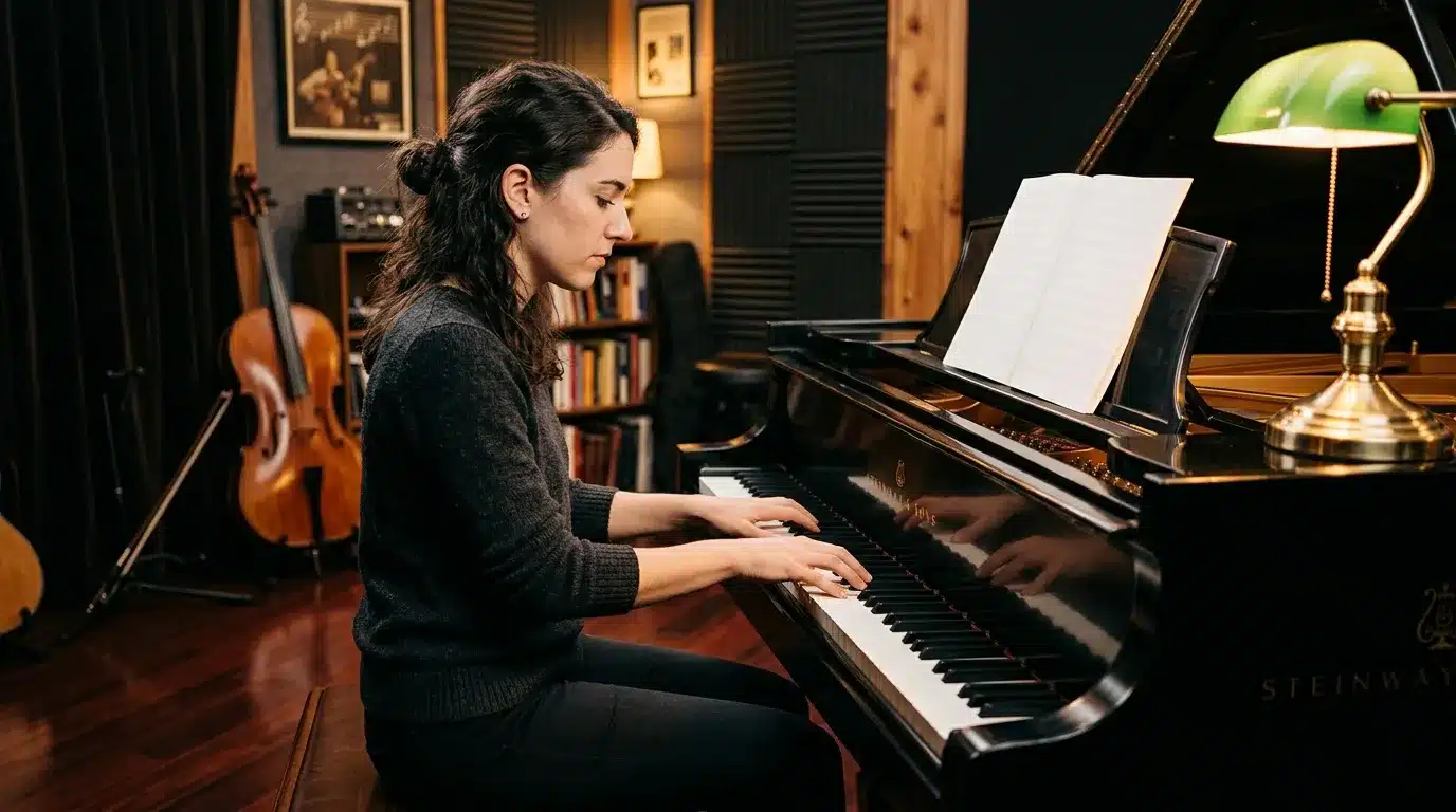 Femme jouant du piano dans un studio musical professionnel