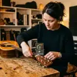 Femme en studio musical testant guitare acoustique avec tuner