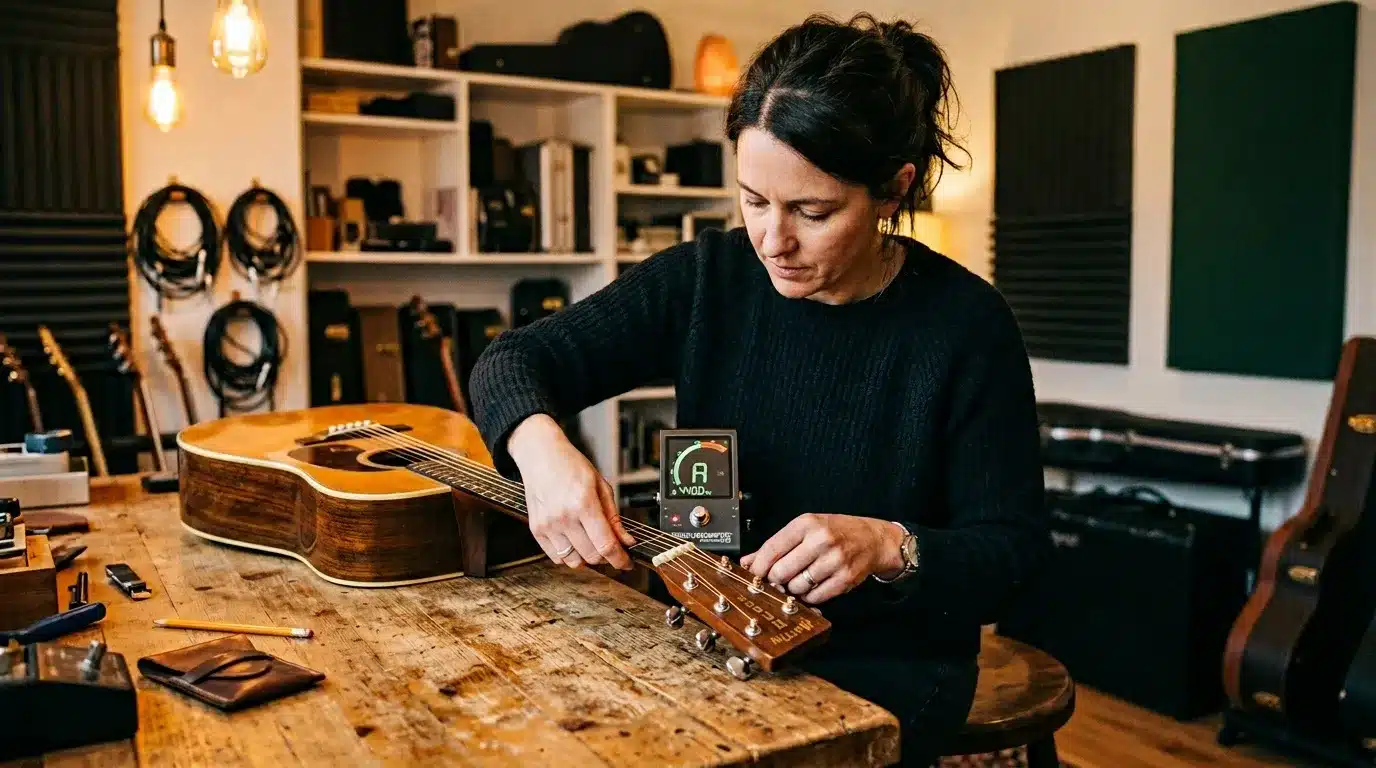 Femme en studio musical testant guitare acoustique avec tuner