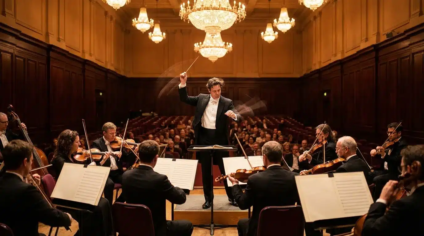 Chef d'orchestre dirigeant violonistes dans salle élégante