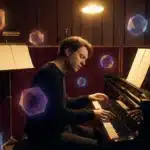 Jeune pianiste jouant avec décor géométrique luminescent