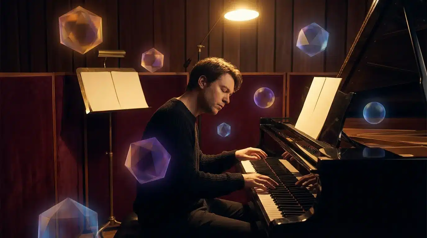Jeune pianiste jouant avec décor géométrique luminescent