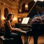 Femme jouant du piano grand dans une salle de concert ornée.