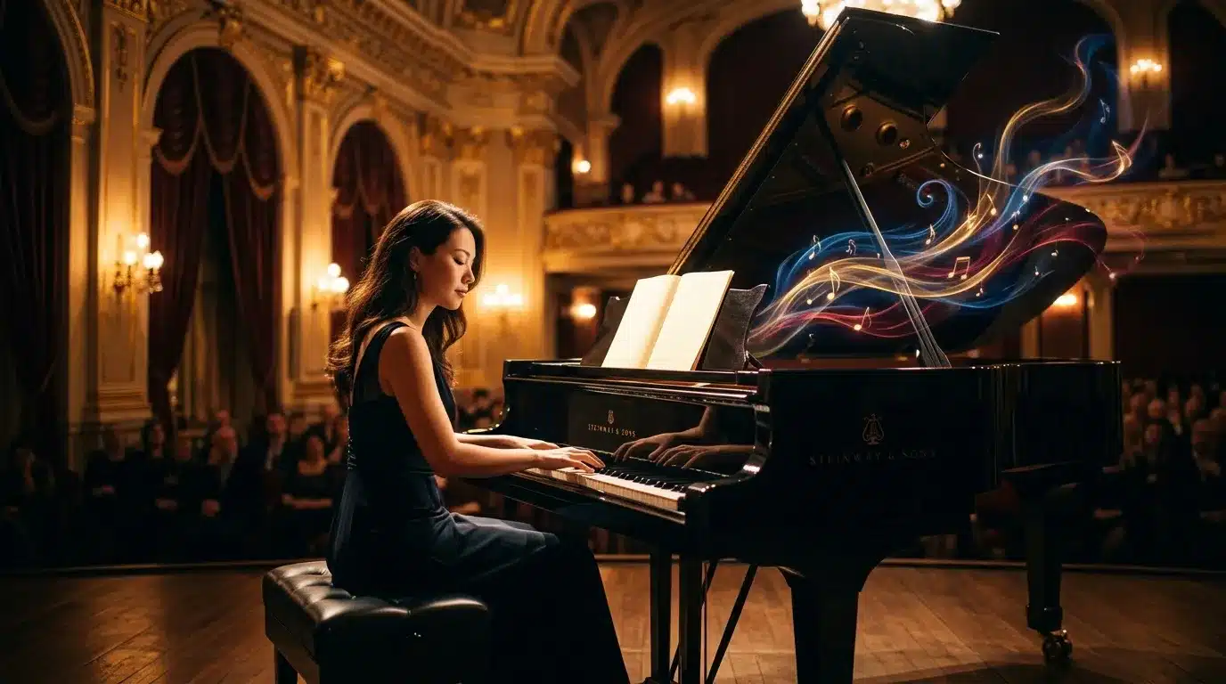 Femme jouant du piano grand dans une salle de concert ornée.
