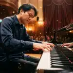 Musicien joue du piano dans une salle de concert élégante