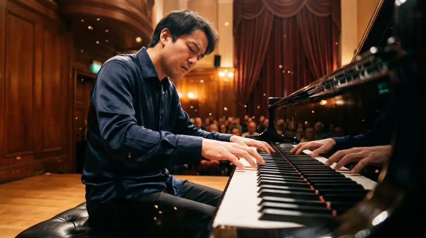 Musicien joue du piano dans une salle de concert élégante