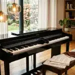 Piano noir moderne avec partitions dans intérieur lumineux