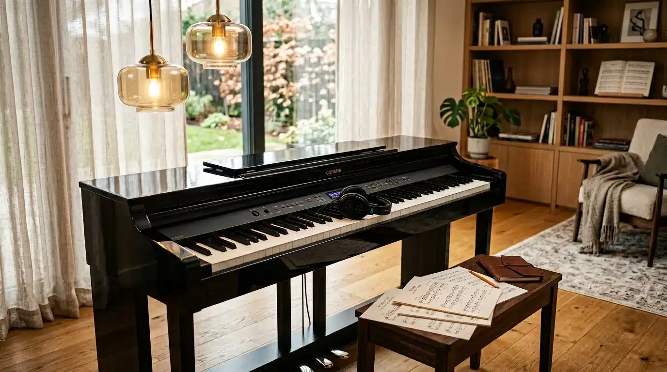 Piano noir moderne avec partitions dans intérieur lumineux