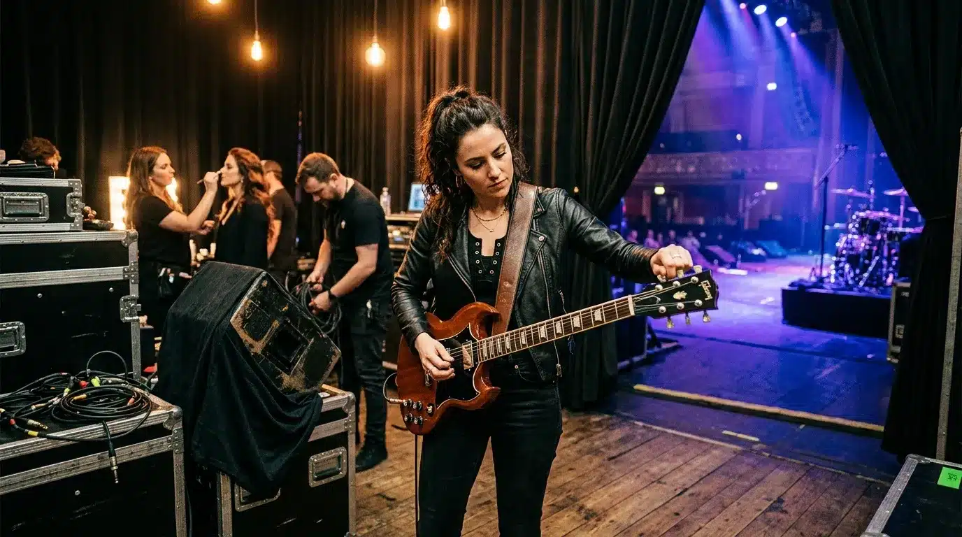 Guitariste répétant en backstage avant spectacle musical