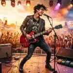 Musicien jouant de la guitare rouge sur scène devant la foule