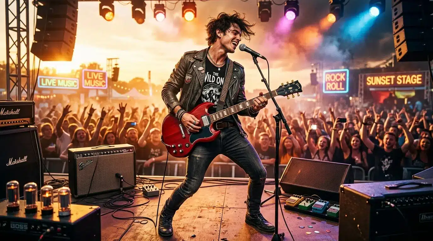 Musicien jouant de la guitare rouge sur scène devant la foule