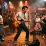 Musicien guitare chante dans bar années 1950, foule dansante