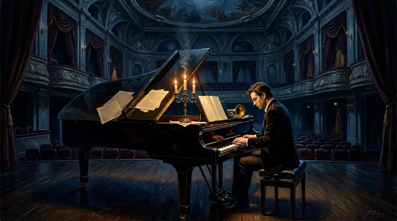 Pianiste jouant seul dans une salle de concert vide