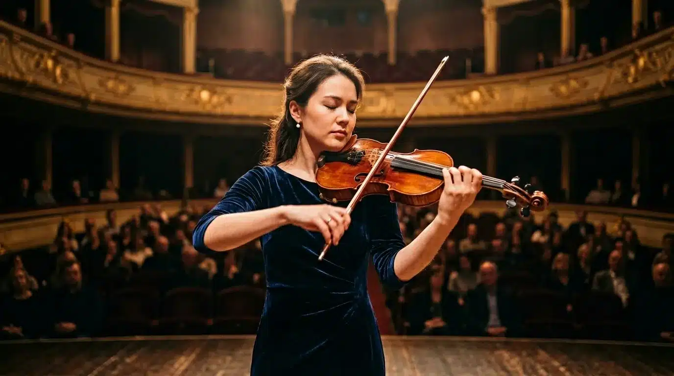 Musicienne jouant du violon dans une salle de concert élégante