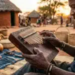 Homme tenant un kalimba dans un village africain traditionnel