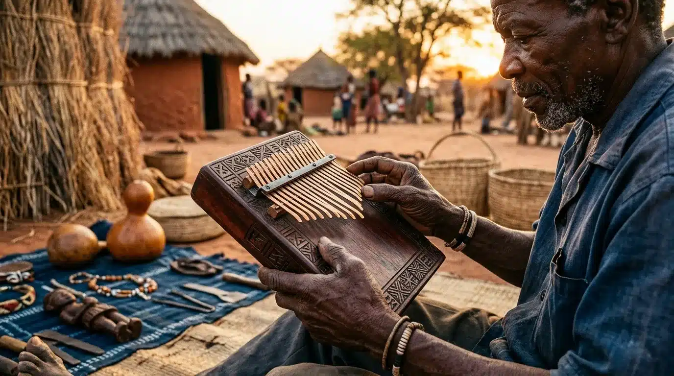 Homme tenant un kalimba dans un village africain traditionnel