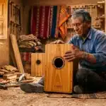 Homme créant une guitare acoustique dans son atelier.