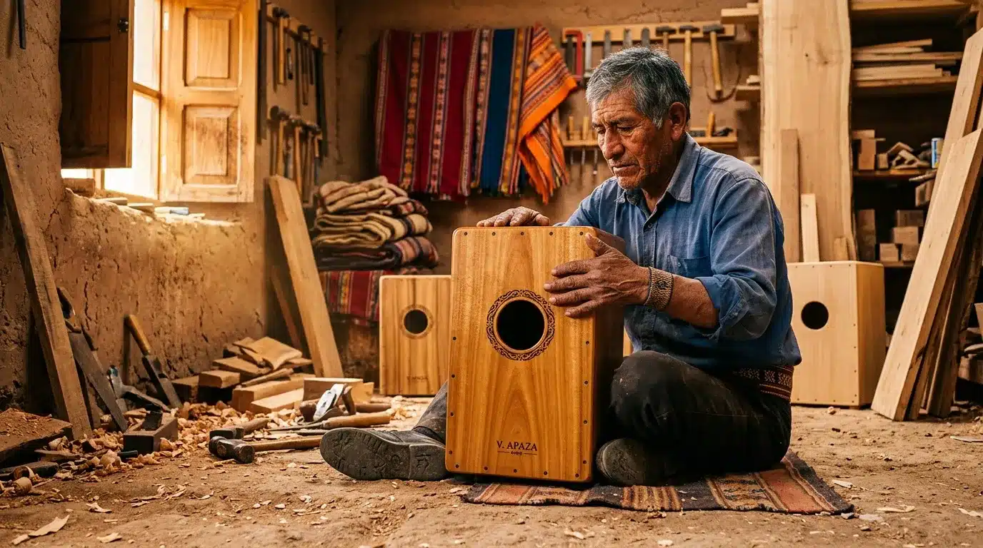 Homme créant une guitare acoustique dans son atelier.
