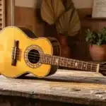 Guitare acoustique jaune posée sur table bois vintage