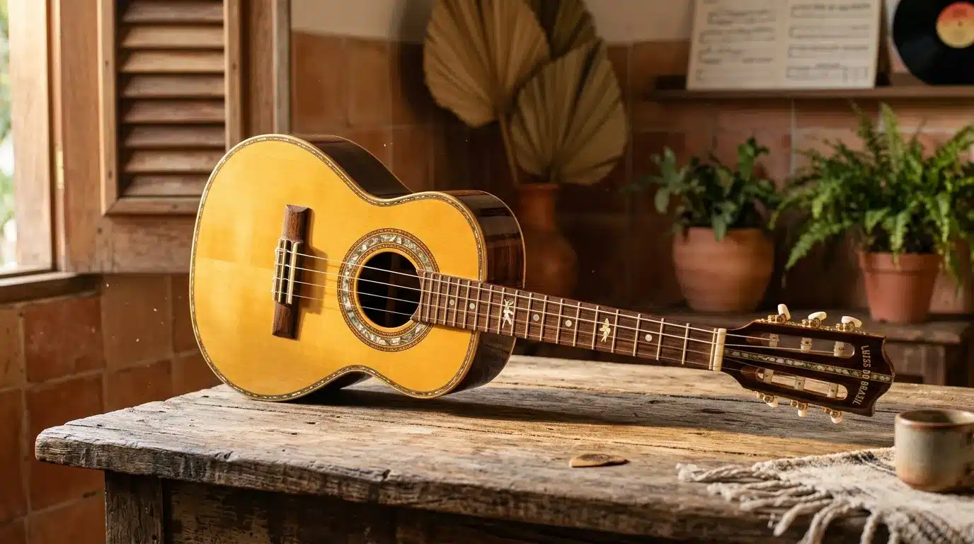 Guitare acoustique jaune posée sur table bois vintage