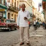 Homme âgé en blanc posant dans une rue pavée cubaine historique