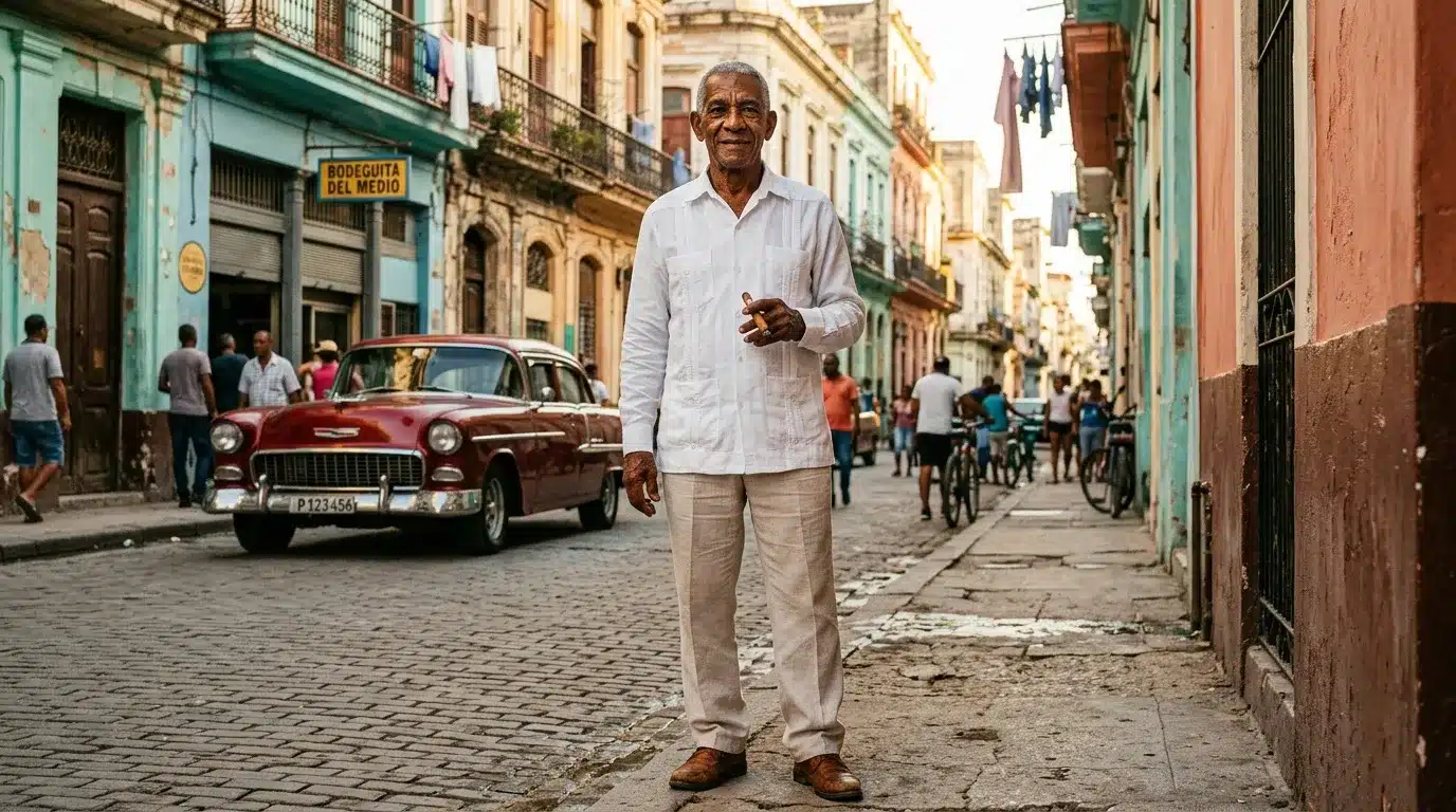 Homme âgé en blanc posant dans une rue pavée cubaine historique