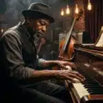 Musicien jouant du piano dans un bar jazz atmosphérique
