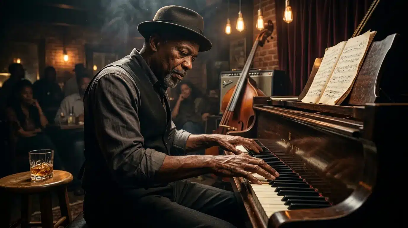 Musicien jouant du piano dans un bar jazz atmosphérique
