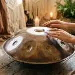 Mains sur handpan dans ambiance relaxante avec bougies