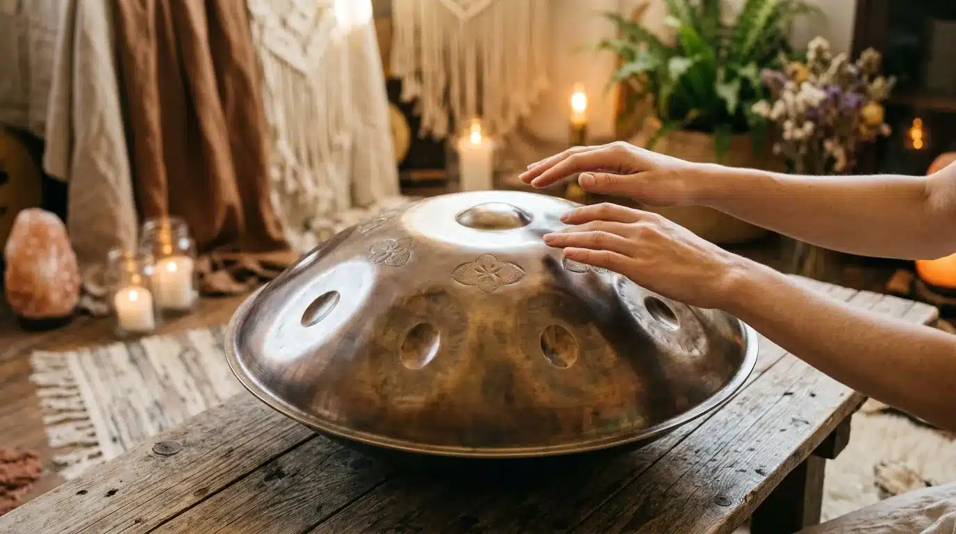 Mains sur handpan dans ambiance relaxante avec bougies