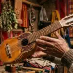 Homme tenant un charango dans un atelier artisanal andins colorés