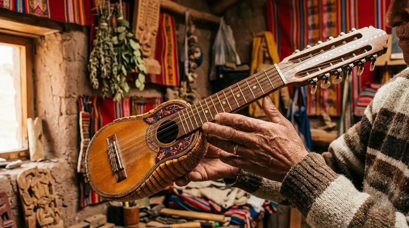 Homme tenant un charango dans un atelier artisanal andins colorés