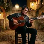 Homme jouant de la guitare classique dans une ruelle espagnole illuminée