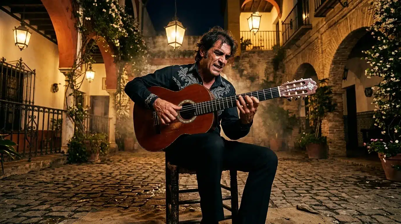 Homme jouant de la guitare classique dans une ruelle espagnole illuminée