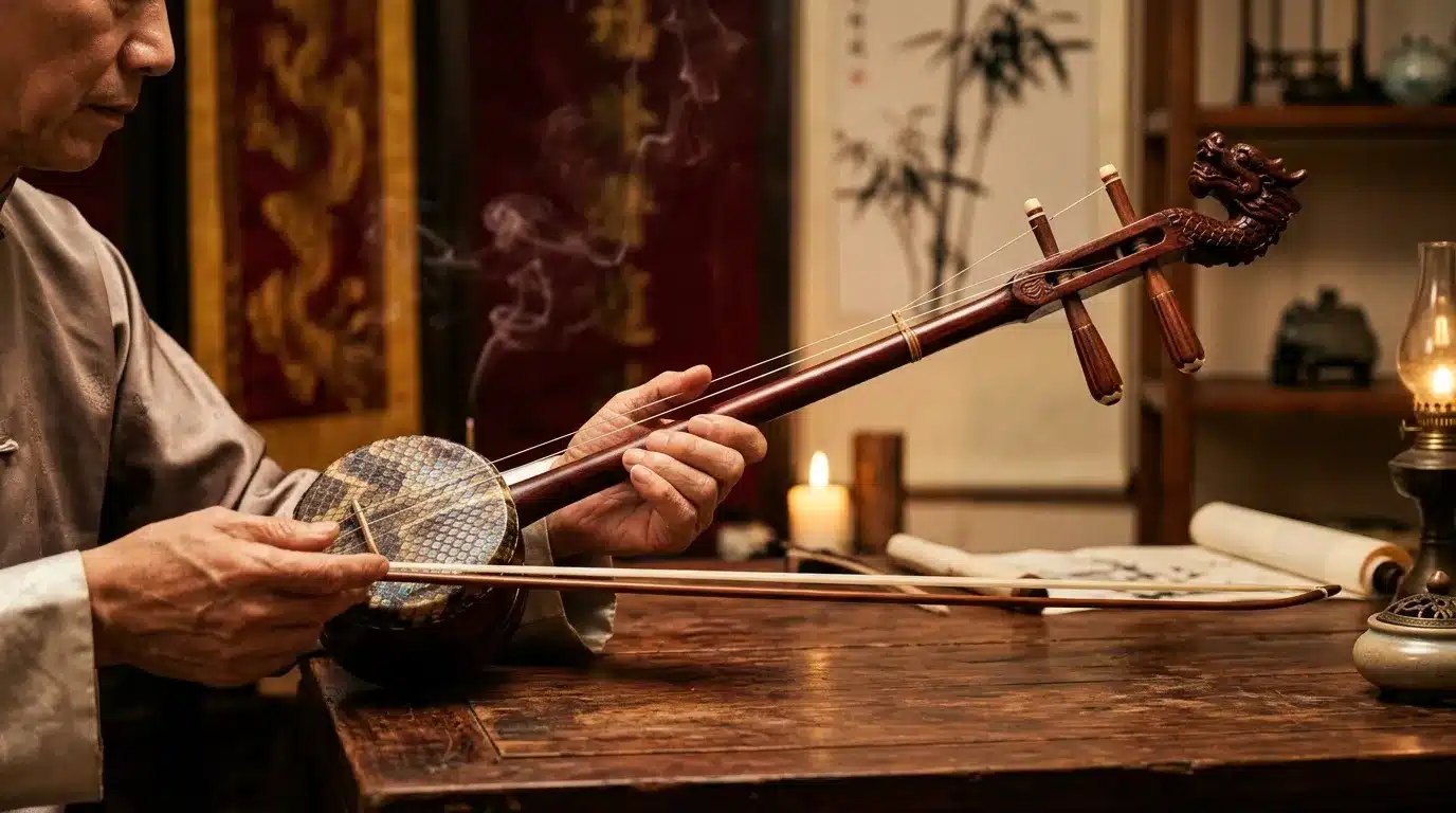 Homme jouant instrument à cordes asiatique traditionnel en bois