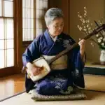 Femme âgée en kimono jouant du shamisen dans une salle traditionnelle japonaise