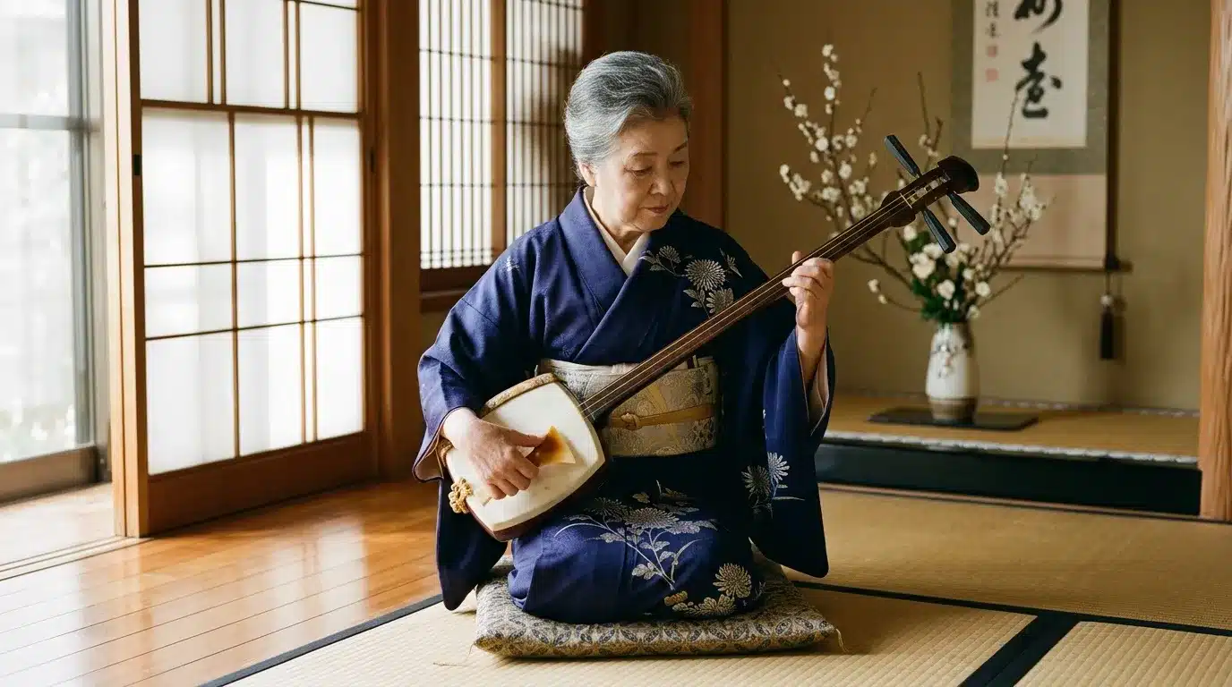 Femme âgée en kimono jouant du shamisen dans une salle traditionnelle japonaise