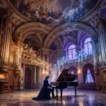 Pianiste jouant dans une cathédrale baroque avec notes lumineuses