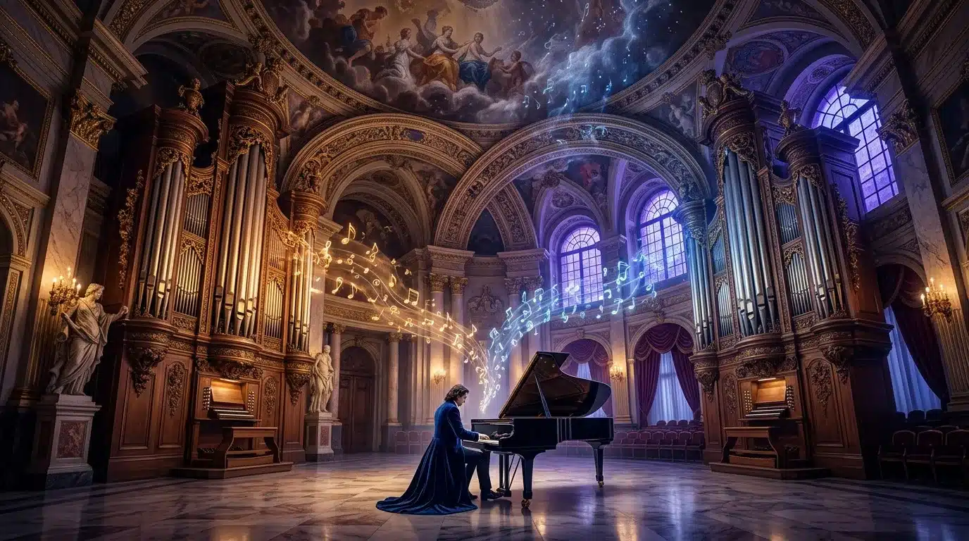 Pianiste jouant dans une cathédrale baroque avec notes lumineuses