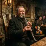 Musicien jouant de la flûte dans une cave historique éclairée aux chandelles